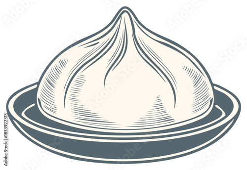 A classic steamed soup dumpling on a plate in a vintage woodcut illustration style