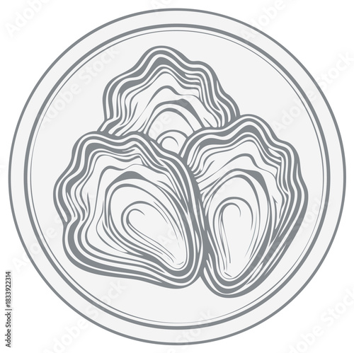 Illustration of three raw oysters on a dish, showcasing intricate shell details and marine delicacy in a minimalist style.
