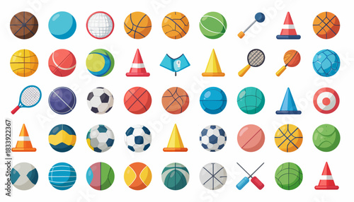 A vibrant collection of various sports equipment including different types of balls, cones, and rackets, arranged neatly on a white background.