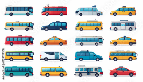 A collection of various public and private transport vehicles including buses, taxis, and vans, illustrated in a flat design style.