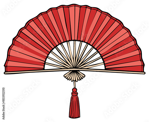 Traditional red folding hand fan with wooden ribs and decorative tassel illustration
