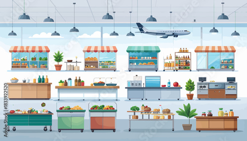 A vibrant cartoon illustration of a modern airport food court or indoor market with various food stalls, counters, and fresh produce displays, featuring an airplane outside.