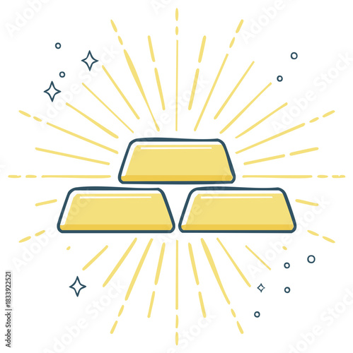 Stack of gold bars illustration with radiating light and sparkles symbolizing wealth and success