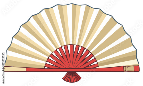 Vector illustration of an open traditional Asian folding hand fan with a red handle