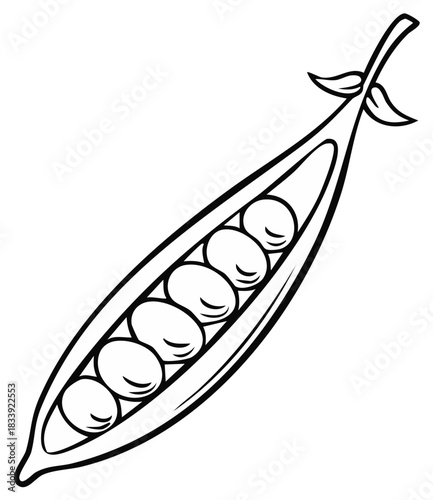 A simple black and white illustration of a fresh pea pod with five round peas inside