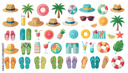 A vibrant collection of summer and beach essentials including hats, flip-flops, palm trees, drinks, and swim accessories, perfect for a tropical vacation.