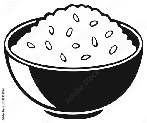 Stylized Monochrome Illustration of a Bowl Brimming with Cooked Rice Grains a Healthy Meal Icon