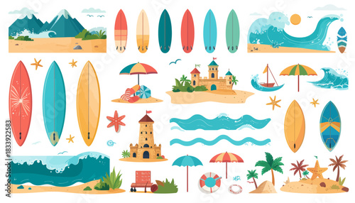 A vibrant collection of beach and summer elements including colorful surfboards, sandcastles, ocean waves, beach umbrellas, and tropical islands.
