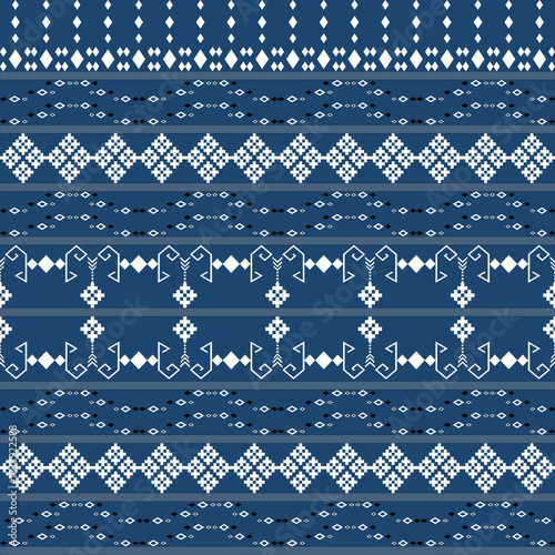 Seamless tribal textile pattern vector in blue and white. Traditional geometric fabric design suitable for textiles, backgrounds, prints, wallpapers, crafts, packaging, and digital projects.
