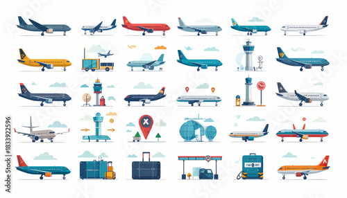 A comprehensive collection of flat design icons depicting various airplanes, airport infrastructure, and travel elements on a white background.