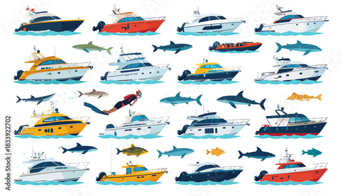 A comprehensive collection of various boats, yachts, marine vessels, sharks, fish, and a diver, illustrating diverse aquatic activities and sea life.