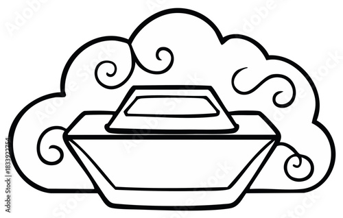 Futuristic flying ingot or UFO with traditional Asian style clouds line art