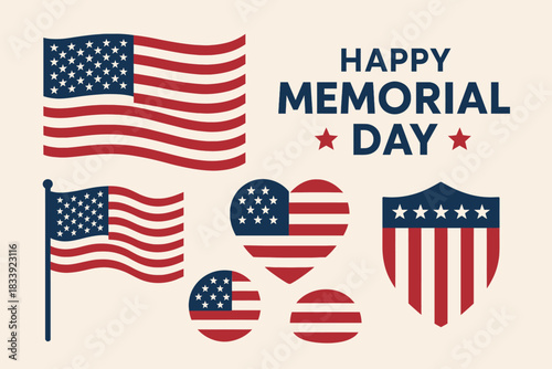 vector illustration of a happy memorial day united states flags different shape icons american products design elements