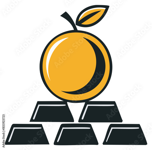 Fruitful investment concept with a golden orange on a stack of gold bars financial growth vector icon
