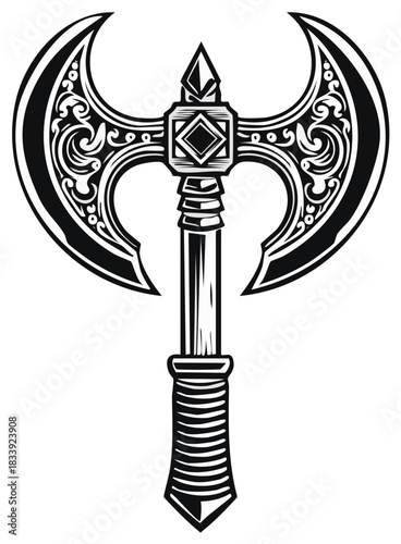 Ornate Black Double Axe Design, Medieval Weapon Illustration, Viking Axe Drawing