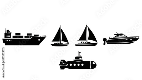Vector illustration of diverse sea transportation vehicles for nautical themes and designs