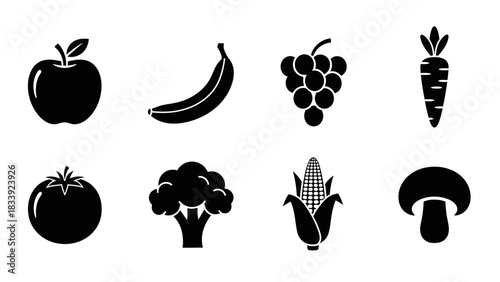 Vector Illustration of Various Fruits and Vegetables Black Silhouette on White Background