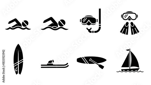 Vector illustration showcasing aquatic activities and equipment for water sports