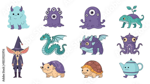 Whimsical Cartoon Monsters and Fantasy Creatures Collection Illustration for Children