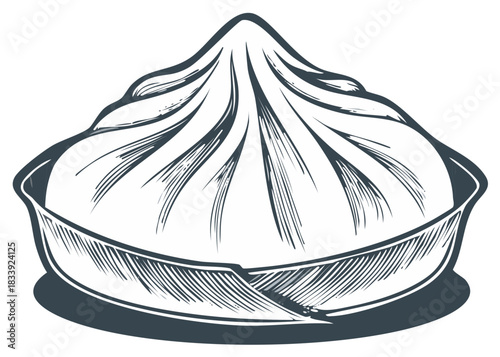 Steamed dumpling in a bamboo steamer illustration with engraving lines