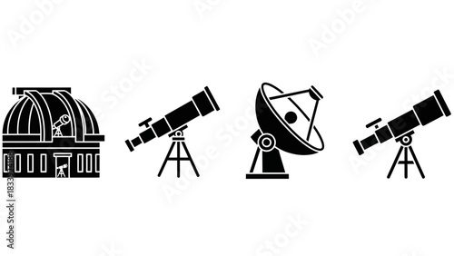 Astronomy Icons Set Featuring Observatory Telescopes and a Radio Telescope for Space Exploration