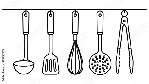 Kitchen utensils hanging neatly in a row against a dark background minimalist design