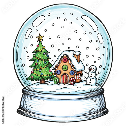 Festive Snow Globe with Christmas Tree, Snowman, and Gingerbread House – Winter Holiday Scene