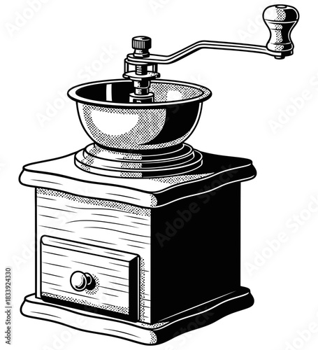 Antique coffee grinder with a hand crank and wooden base in a vintage kitchen setting