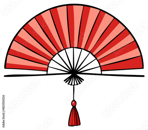 Hand Drawn Illustration of a Traditional Red Striped Asian Folding Fan