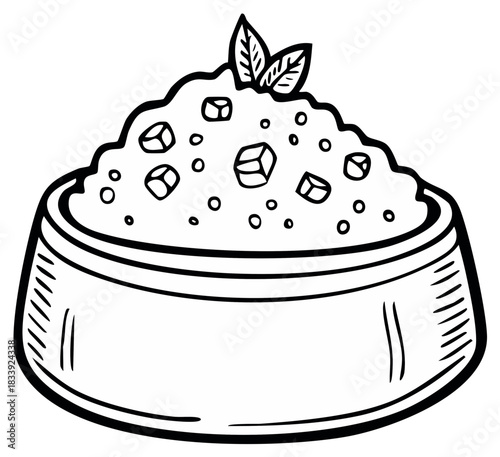 Hand Drawn Cartoon Bowl of Hearty Food with Garnish Line Art
