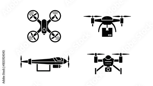 Black and White Silhouette Set of Delivery Drone Icon, Modern Aircraft Vectors