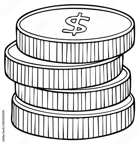 Hand drawn stack of coins with a dollar symbol black and white line art