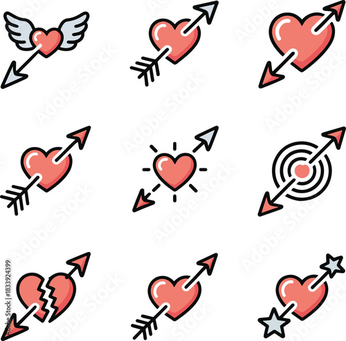 Love Arrow Heart Icons Set