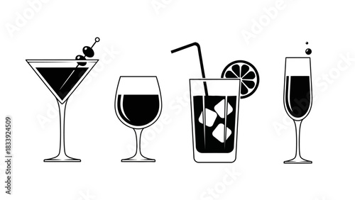 Black and White Vector Illustration of Various Cocktail Drinks for Graphic Design