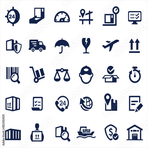 Logistics and Shipping Icons Grid – 30 Dark Blue Symbols for Delivery, Tracking, and Packaging