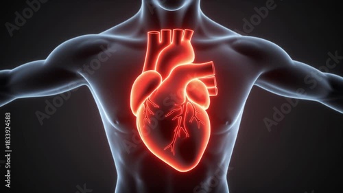 Close up animated medical illustration of a glowing human heart beating within a translucent torso highlighting the circulatory system and cardiac health in a scientific context