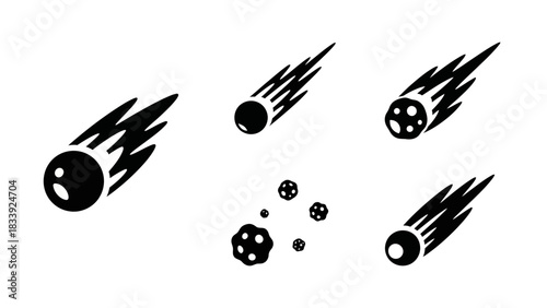 Collection of Black and White Comet Icons with Streaks, Vector Illustration Ready to Use