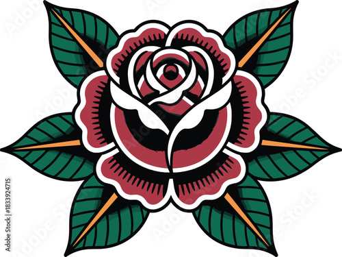 Deep Red Traditional Tattoo Rose Vector Illustration: Classic Old School Design with Maroon Petals and Green Leaves, Perfect for Vintage Flash Art or Retro Graphic Design.