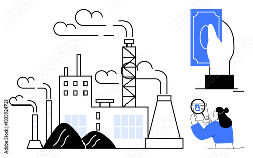 Environmental pollution. Industrial emissions polluting the air, financial symbolism with money, and consumer focus. Environmental pollution influencing industry, finance, consumerism, public health