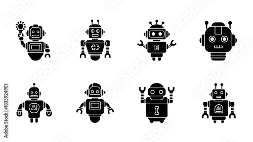 Collection of Cute and Simple Black Robot Icons Depicting Technology and Innovation
