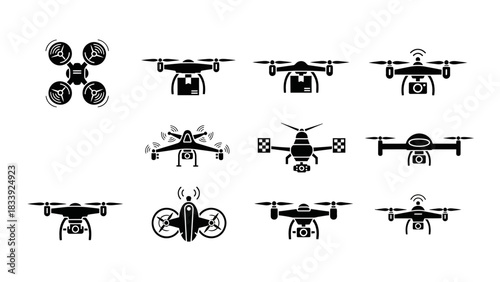 Collection of drone vector icons in a minimalist style illustrating aerial technology applications