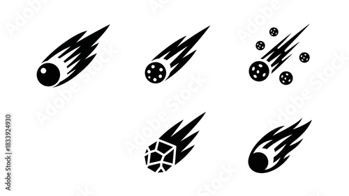 Collection of dynamic meteor icons with fiery trails representing cosmic events