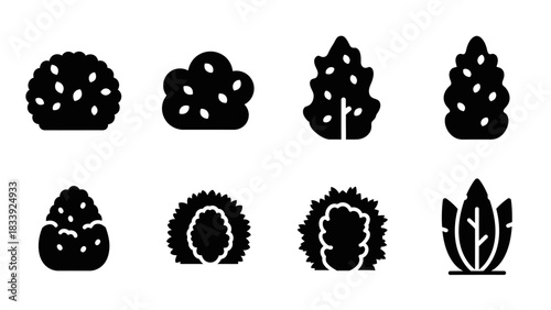 Collection of eight distinct black and white plant icons conveying simplicity and style