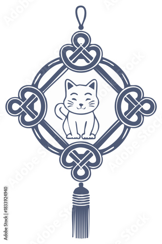 Stylized lucky cat charm illustration with a decorative frame design in blue, Asian culture.