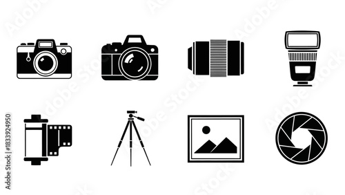 Collection of essential black and white vector icons for photography equipment set elements