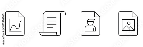Analytics report, scroll document, modern profile, image file icon vector illustration for office business use.