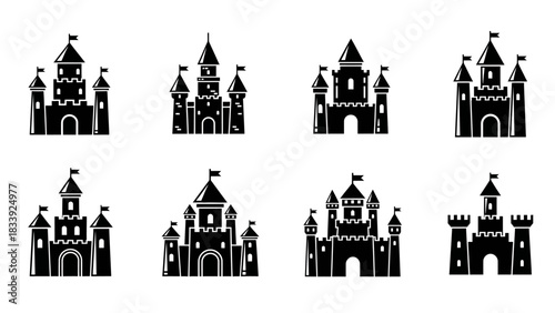 Collection of fairytale castle vector icons perfect for fantasy themed projects