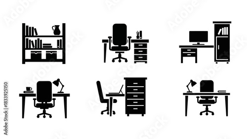 Collection of office furniture icons featuring desks, chairs, and storage units