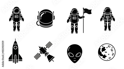 Collection of Space Exploration and Extraterrestrial Life Icons Emphasizing Discovery and