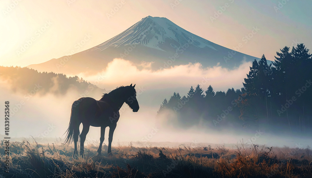 Naklejka premium 夜明けの富士山と馬,富士山と馬の年賀イメージ, AI生成画像